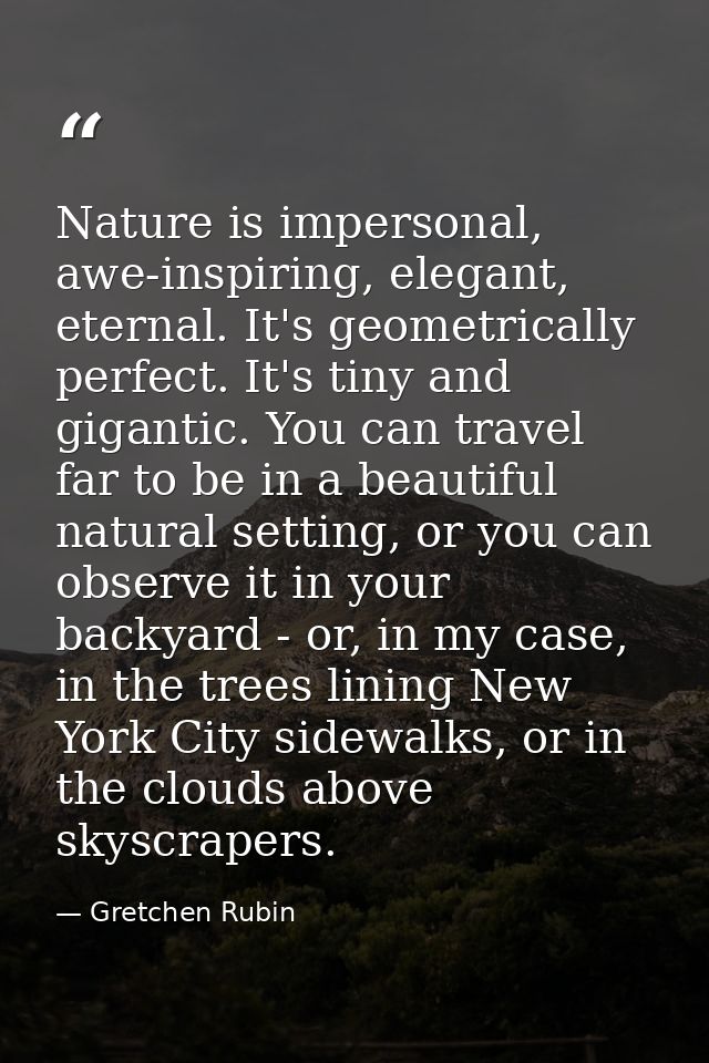 Nature is impersonal, awe-inspiring, elegant, eternal. It's geometrically perfect. It's tiny and gigantic. You can trave — Gretchen Rubin