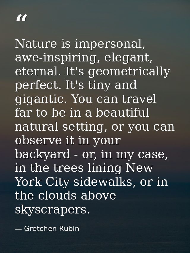 Nature is impersonal, awe-inspiring, elegant, eternal. It's geometrically perfect. It's tiny and gigantic. You can trave — Gretchen Rubin