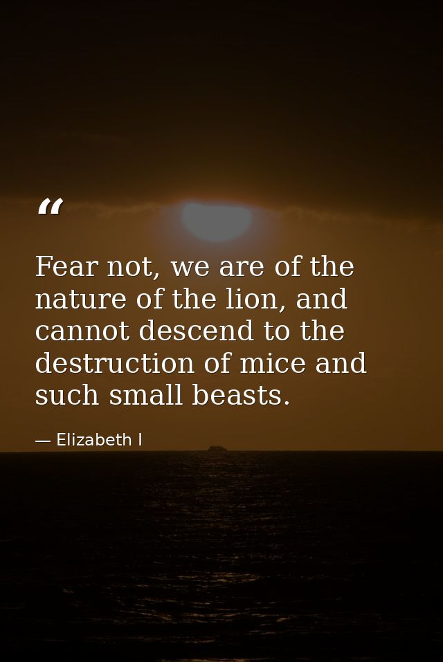 Fear not, we are of the nature of the lion, and cannot descend to the destruction of mice and such small beasts. — Elizabeth I