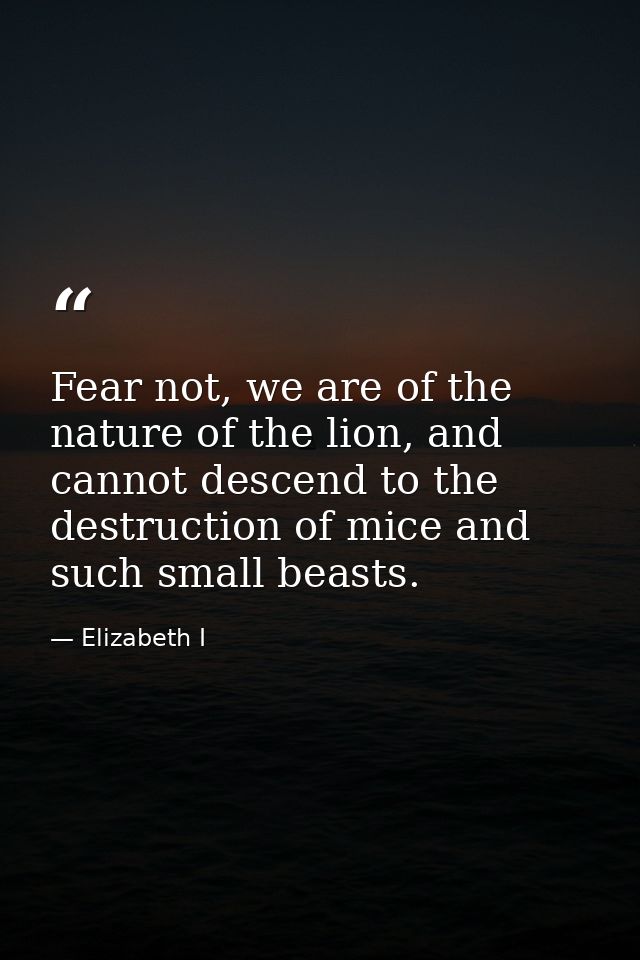 Fear not, we are of the nature of the lion, and cannot descend to the destruction of mice and such small beasts. — Elizabeth I
