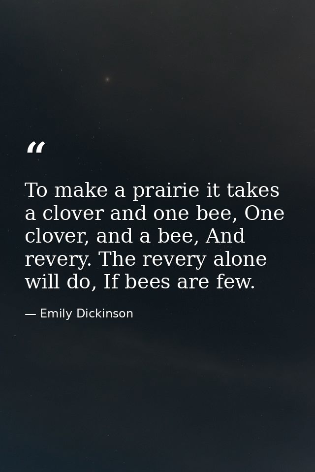 To make a prairie it takes a clover and one bee, One clover, and a bee, And revery. The revery alone will do, If bees ar — Emily Dickinson