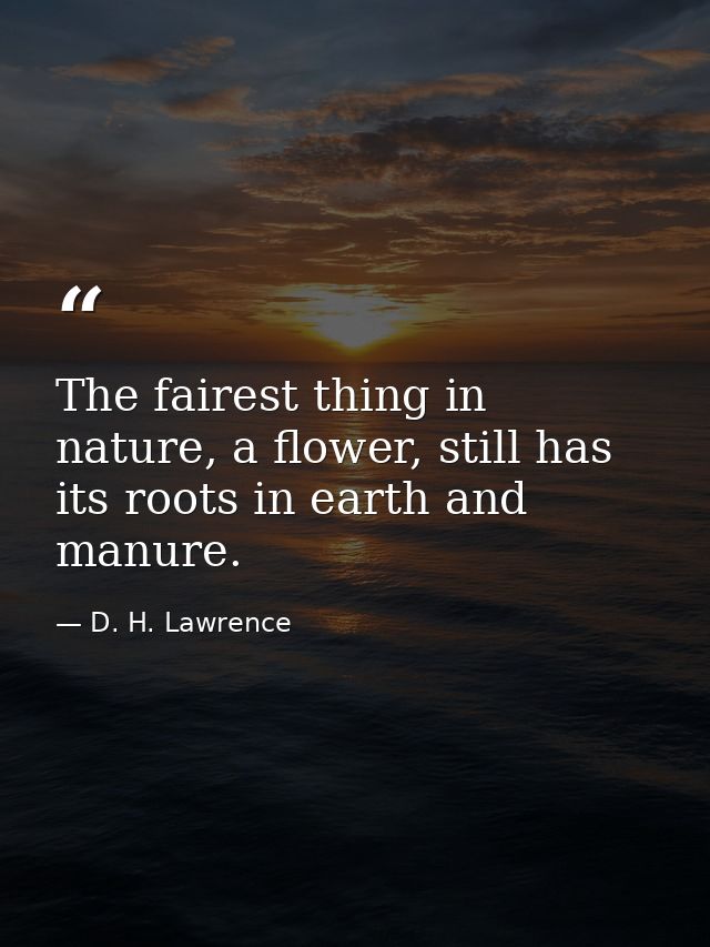 The fairest thing in nature, a flower, still has its roots in earth and manure. — D. H. Lawrence