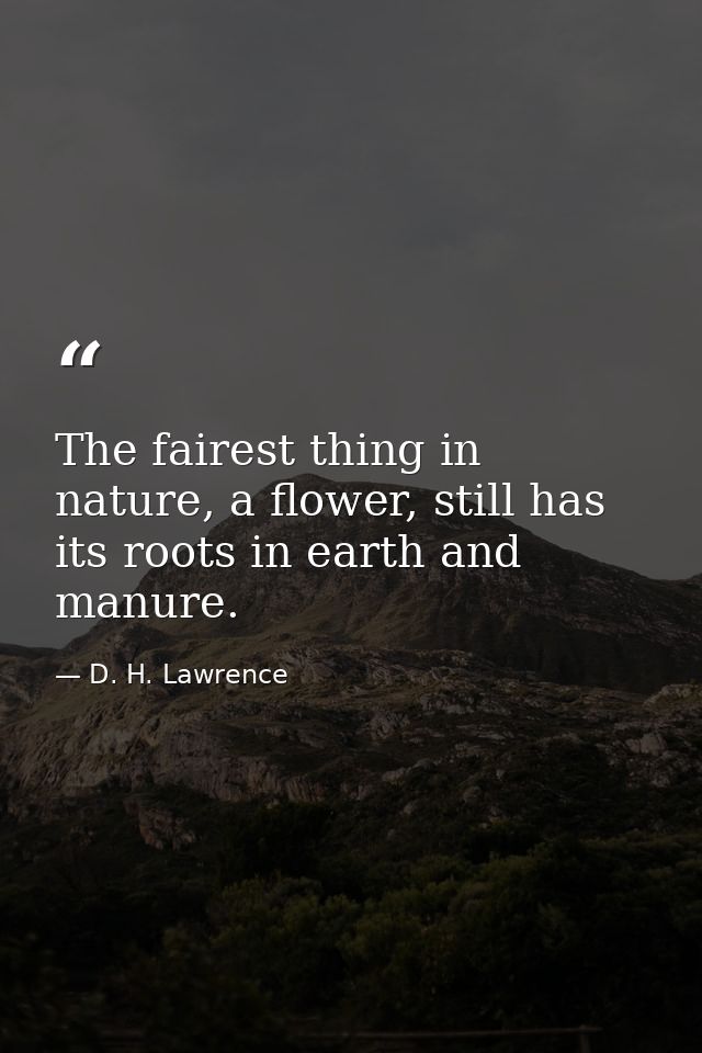 The fairest thing in nature, a flower, still has its roots in earth and manure. — D. H. Lawrence