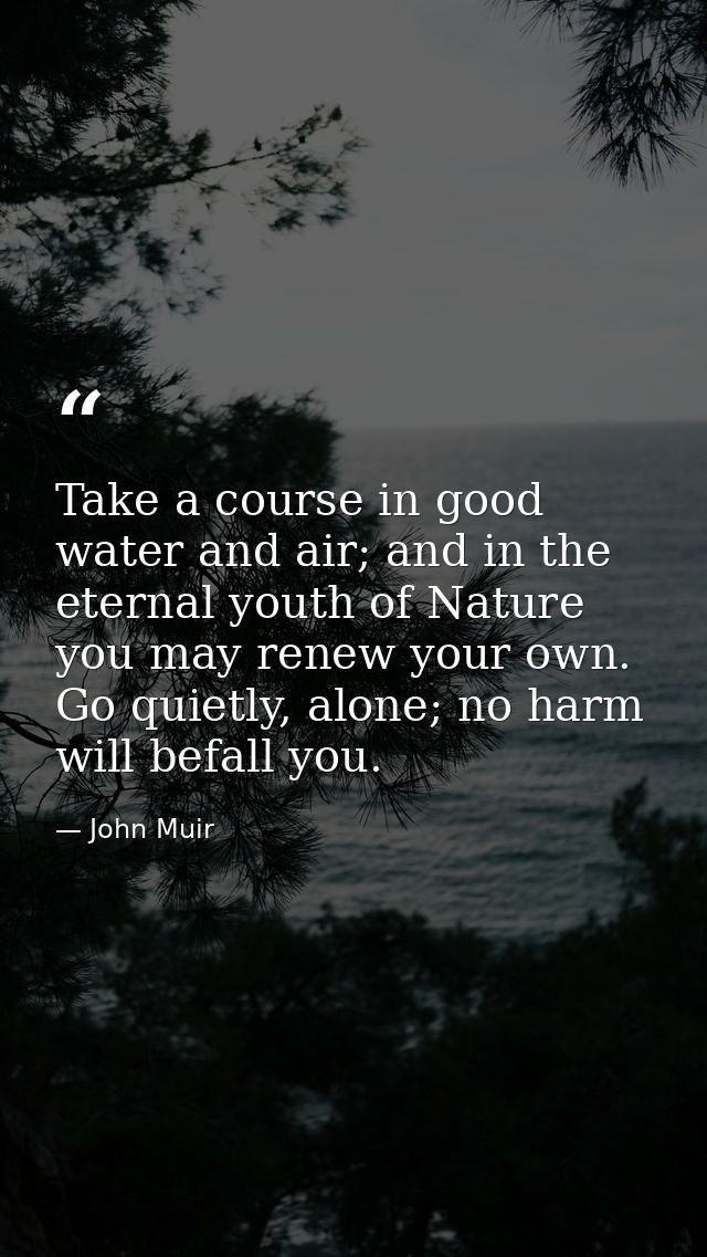 Take a course in good water and air; and in the eternal youth of Nature you may renew your own. Go quietly, alone; no ha — John Muir
