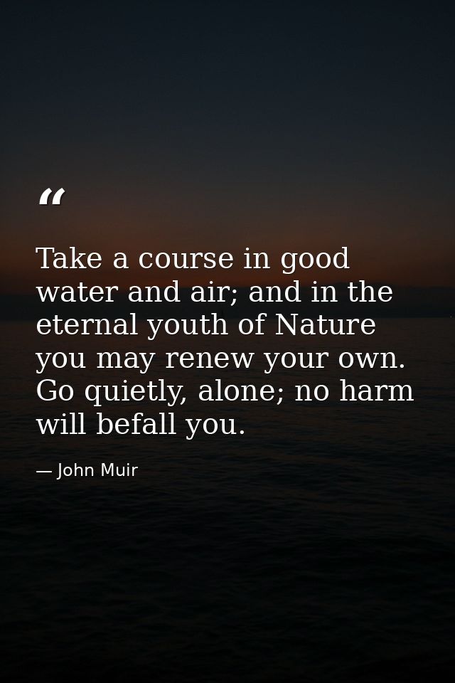 Take a course in good water and air; and in the eternal youth of Nature you may renew your own. Go quietly, alone; no ha — John Muir