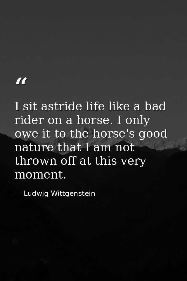 I sit astride life like a bad rider on a horse. I only owe it to the horse's good nature that I am not thrown off at thi — Ludwig Wittgenstein