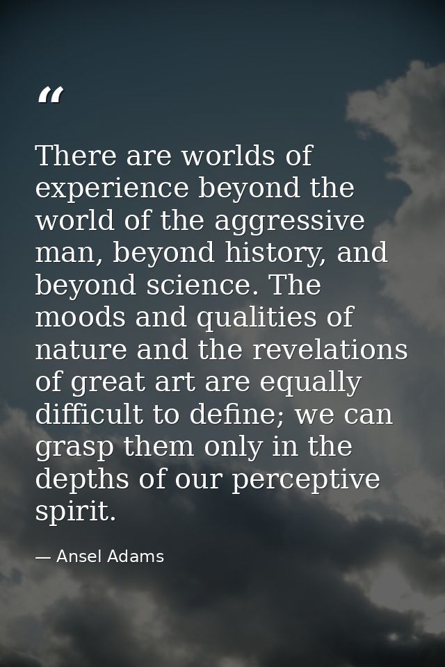 There are worlds of experience beyond the world of the aggressive man, beyond history, and beyond science. The moods and — Ansel Adams