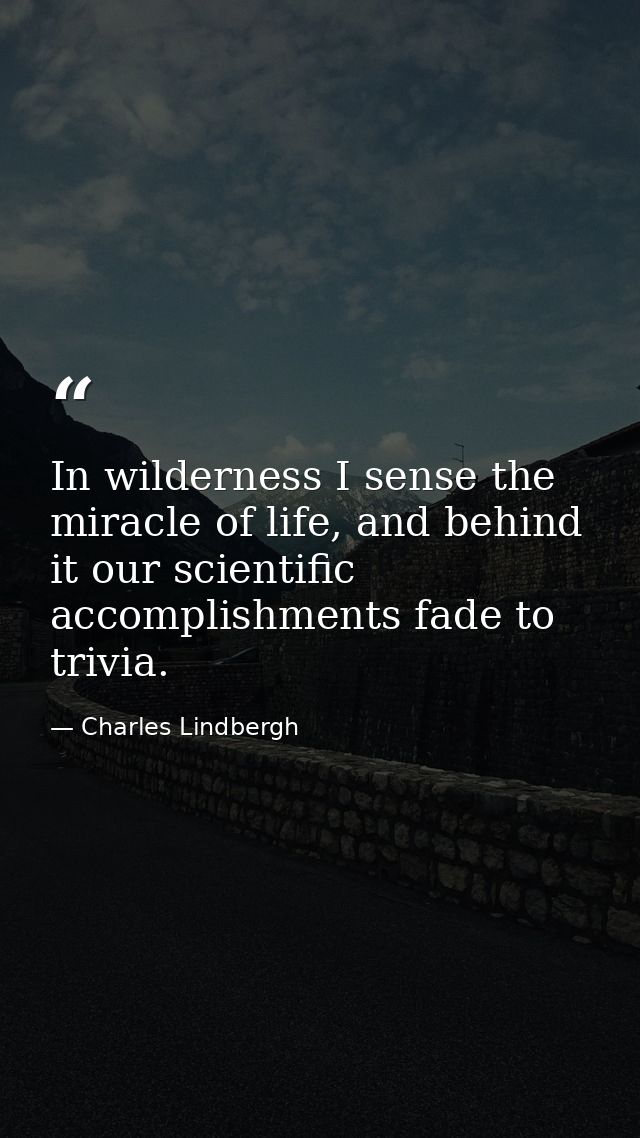 In wilderness I sense the miracle of life, and behind it our scientific accomplishments fade to trivia. — Charles Lindbergh