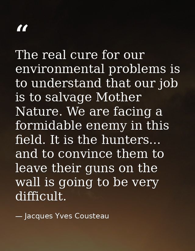 The real cure for our environmental problems is to understand that our job is to salvage Mother Nature. We are facing a  — Jacques Yves Cousteau