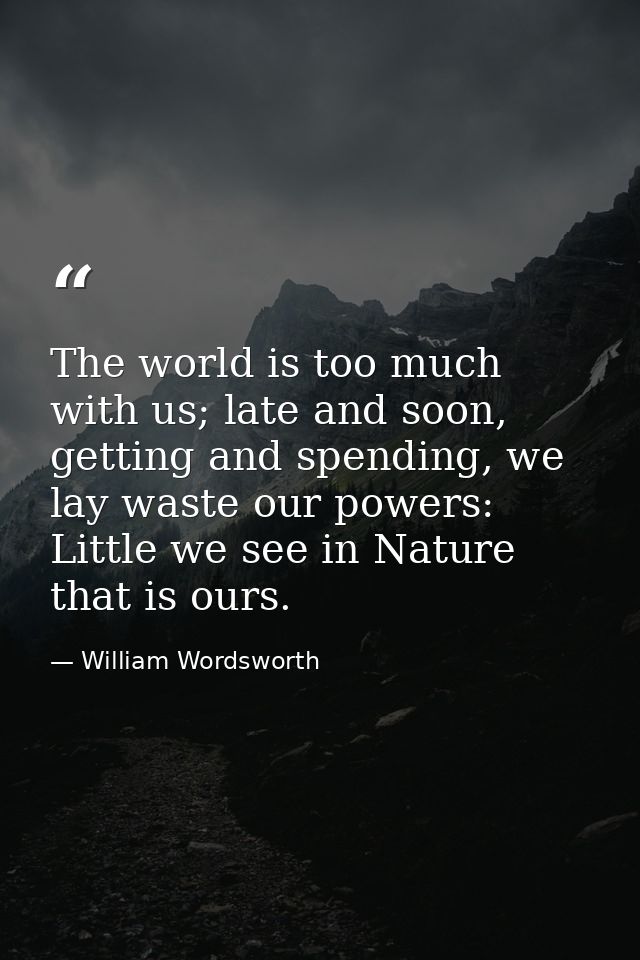 The world is too much with us; late and soon, getting and spending, we lay waste our powers: Little we see in Nature tha — William Wordsworth