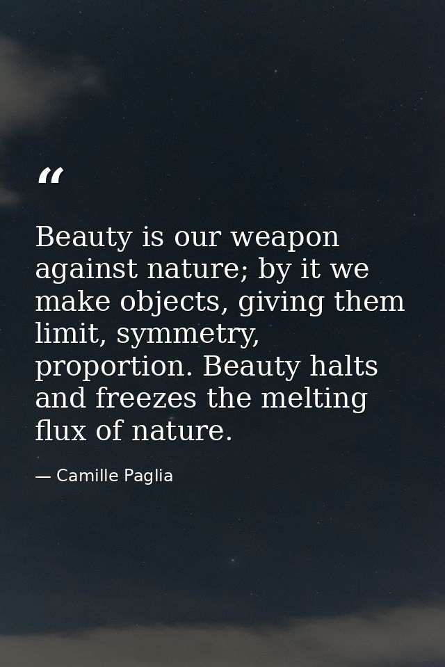 Beauty is our weapon against nature; by it we make objects, giving them limit, symmetry, proportion. Beauty halts and fr — Camille Paglia