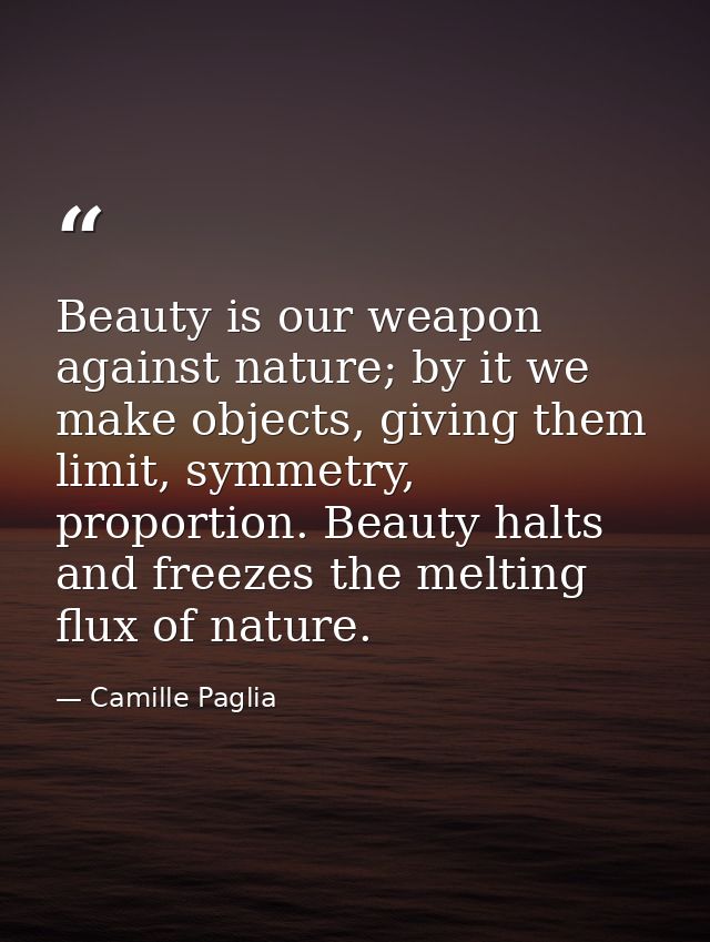 Beauty is our weapon against nature; by it we make objects, giving them limit, symmetry, proportion. Beauty halts and fr — Camille Paglia