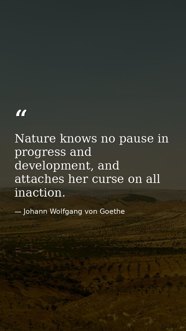 Nature knows no pause in progress and development, and attaches her curse on all inaction. — Johann Wolfgang von Goethe
