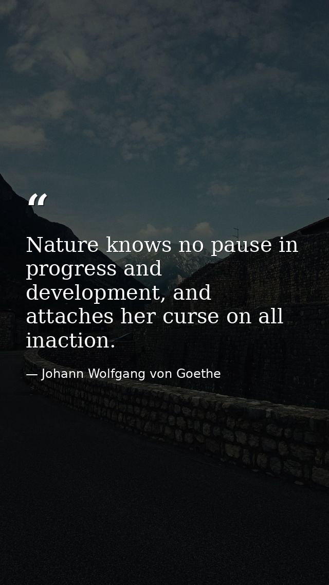 Nature knows no pause in progress and development, and attaches her curse on all inaction. — Johann Wolfgang von Goethe
