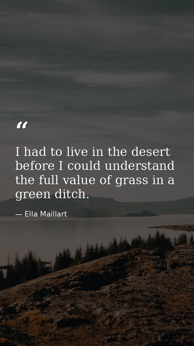 I had to live in the desert before I could understand the full value of grass in a green ditch. — Ella Maillart