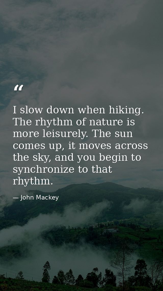 I slow down when hiking. The rhythm of nature is more leisurely. The sun comes up, it moves across the sky, and you begi — John Mackey