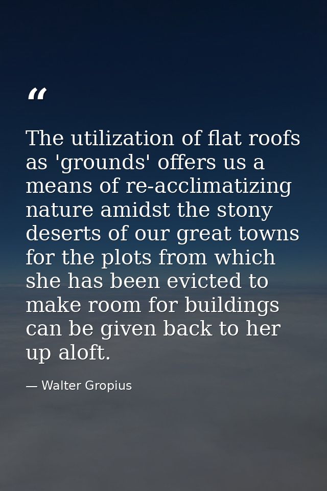 The utilization of flat roofs as 'grounds' offers us a means of re-acclimatizing nature amidst the stony deserts of our  — Walter Gropius