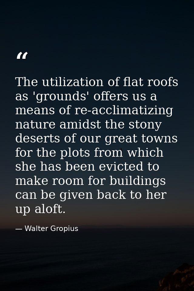 The utilization of flat roofs as 'grounds' offers us a means of re-acclimatizing nature amidst the stony deserts of our  — Walter Gropius