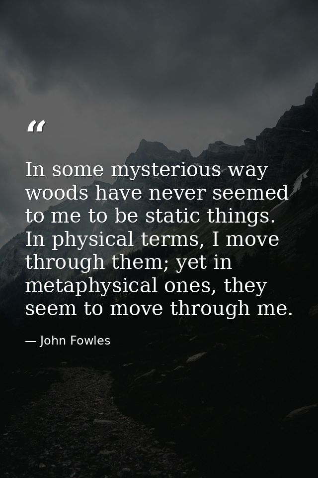 In some mysterious way woods have never seemed to me to be static things. In physical terms, I move through them; yet in — John Fowles