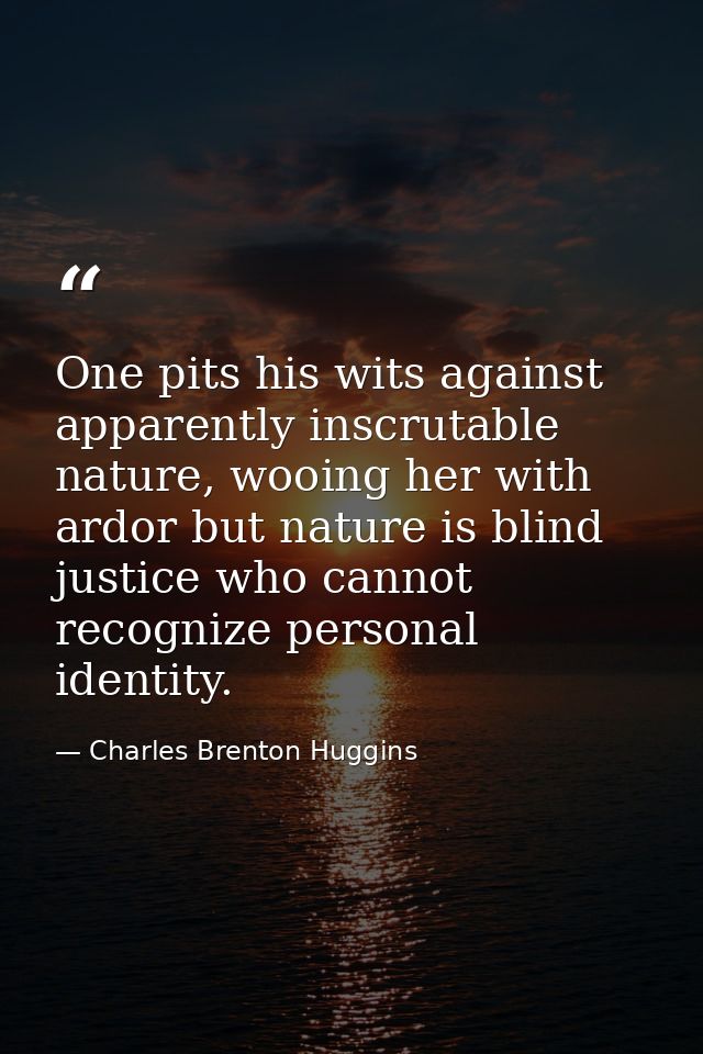 One pits his wits against apparently inscrutable nature, wooing her with ardor but nature is blind justice who cannot re — Charles Brenton Huggins