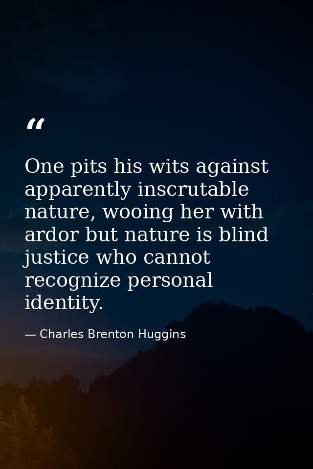 One pits his wits against apparently inscrutable nature, wooing her with ardor but nature is blind justice who cannot re — Charles Brenton Huggins
