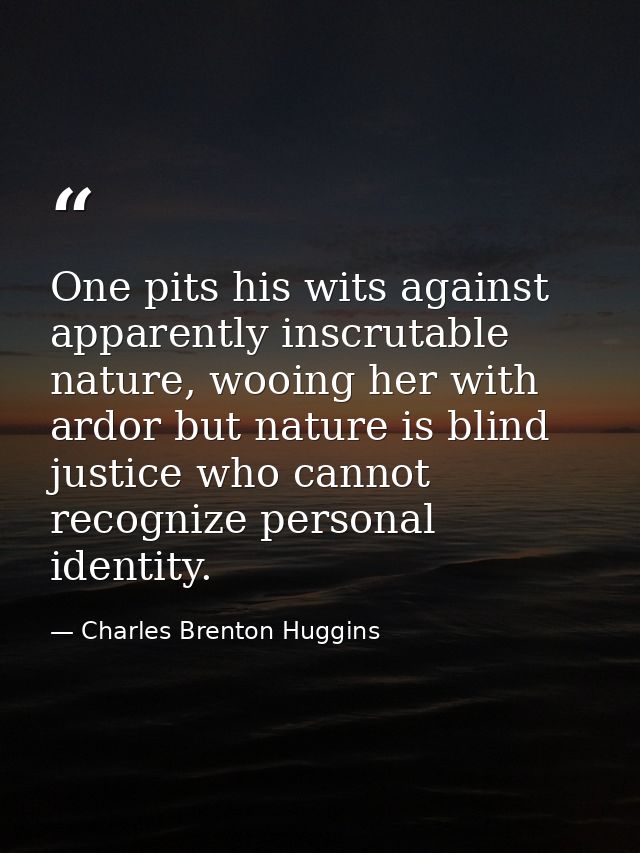 One pits his wits against apparently inscrutable nature, wooing her with ardor but nature is blind justice who cannot re — Charles Brenton Huggins