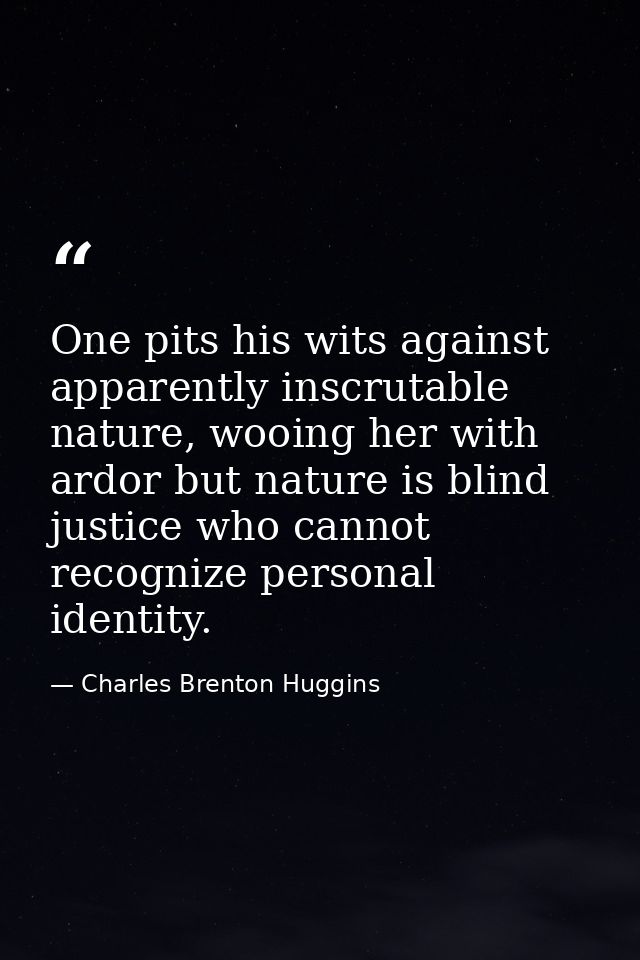 One pits his wits against apparently inscrutable nature, wooing her with ardor but nature is blind justice who cannot re — Charles Brenton Huggins