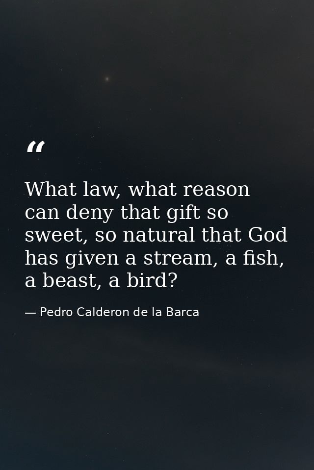 What law, what reason can deny that gift so sweet, so natural that God has given a stream, a fish, a beast, a bird? — Pedro Calderon de la Barca