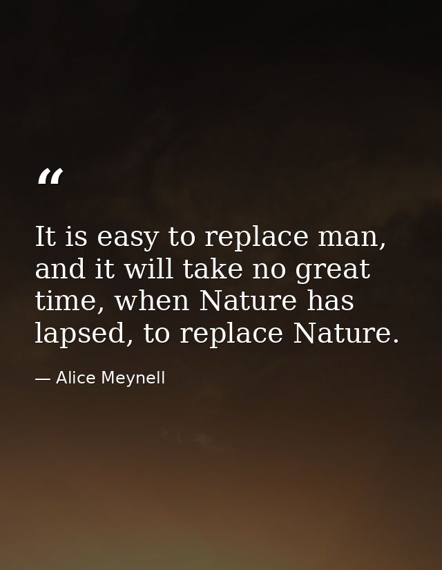 It is easy to replace man, and it will take no great time, when Nature has lapsed, to replace Nature. — Alice Meynell