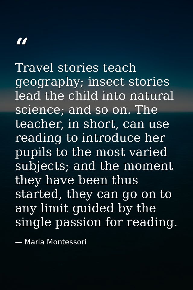 Travel stories teach geography; insect stories lead the child into natural science; and so on. The teacher, in short, ca — Maria Montessori