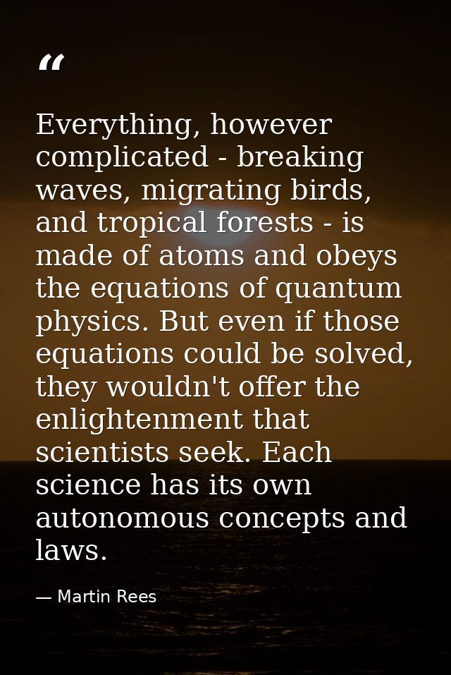 Everything, however complicated - breaking waves, migrating birds, and tropical forests - is made of atoms and obeys the — Martin Rees