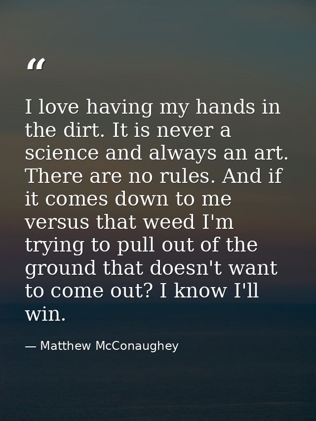 I love having my hands in the dirt. It is never a science and always an art. There are no rules. And if it comes down to — Matthew McConaughey