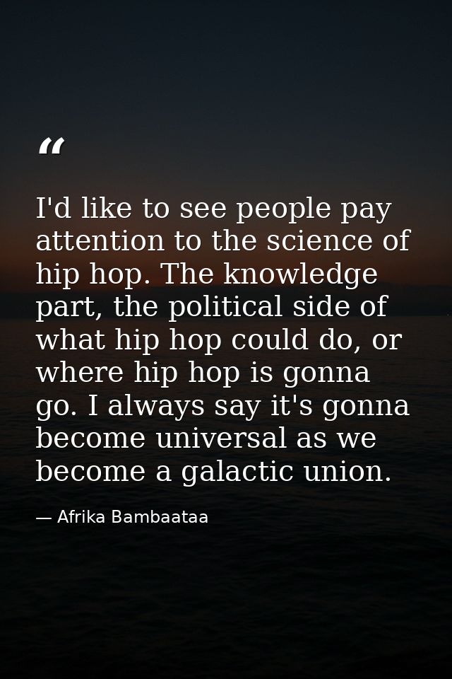 I'd like to see people pay attention to the science of hip hop. The knowledge part, the political side of what hip hop c — Afrika Bambaataa