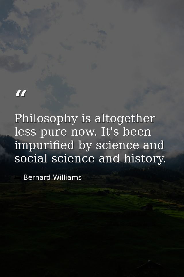 Philosophy is altogether less pure now. It's been impurified by science and social science and history. — Bernard Williams