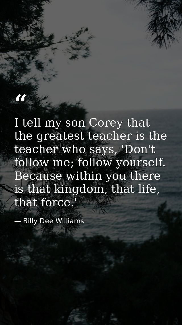 I tell my son Corey that the greatest teacher is the teacher who says, 'Don't follow me; follow yourself. Because within — Billy Dee Williams
