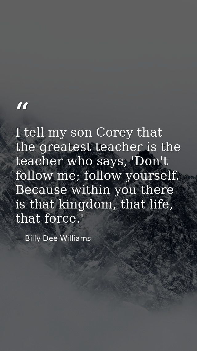 I tell my son Corey that the greatest teacher is the teacher who says, 'Don't follow me; follow yourself. Because within — Billy Dee Williams