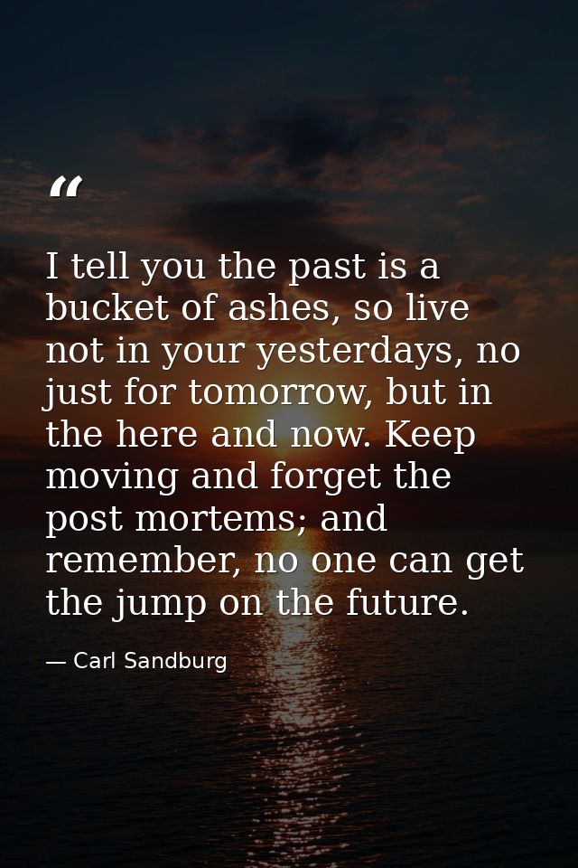 I tell you the past is a bucket of ashes, so live not in your yesterdays, no just for tomorrow, but in the here and now. — Carl Sandburg