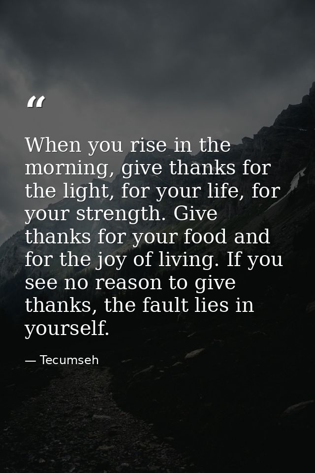 When you rise in the morning, give thanks for the light, for your life, for your strength. Give thanks for your food and — Tecumseh