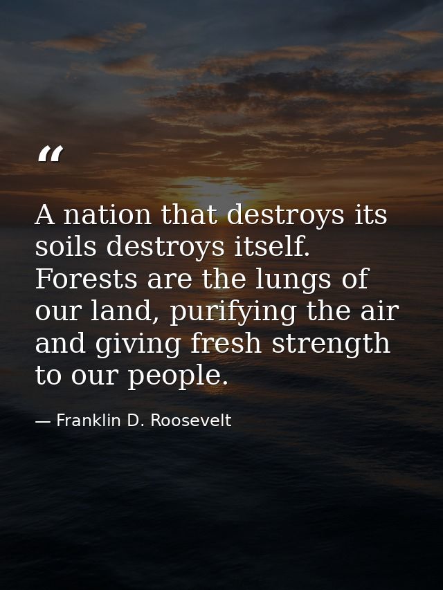 A nation that destroys its soils destroys itself. Forests are the lungs of our land, purifying the air and giving fresh  — Franklin D. Roosevelt