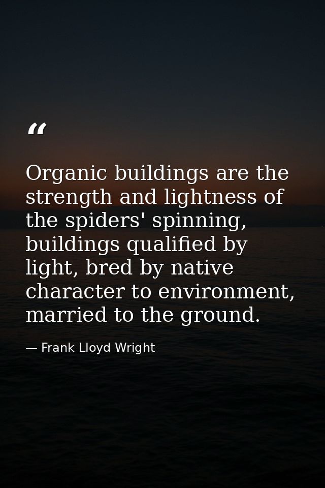 Organic buildings are the strength and lightness of the spiders' spinning, buildings qualified by light, bred by native  — Frank Lloyd Wright