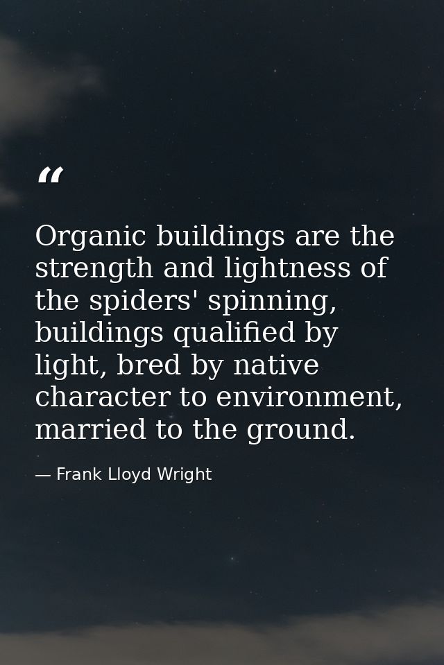 Organic buildings are the strength and lightness of the spiders' spinning, buildings qualified by light, bred by native  — Frank Lloyd Wright