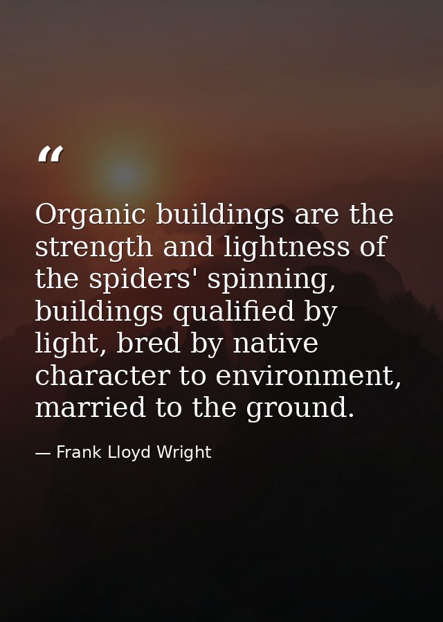 Organic buildings are the strength and lightness of the spiders' spinning, buildings qualified by light, bred by native  — Frank Lloyd Wright