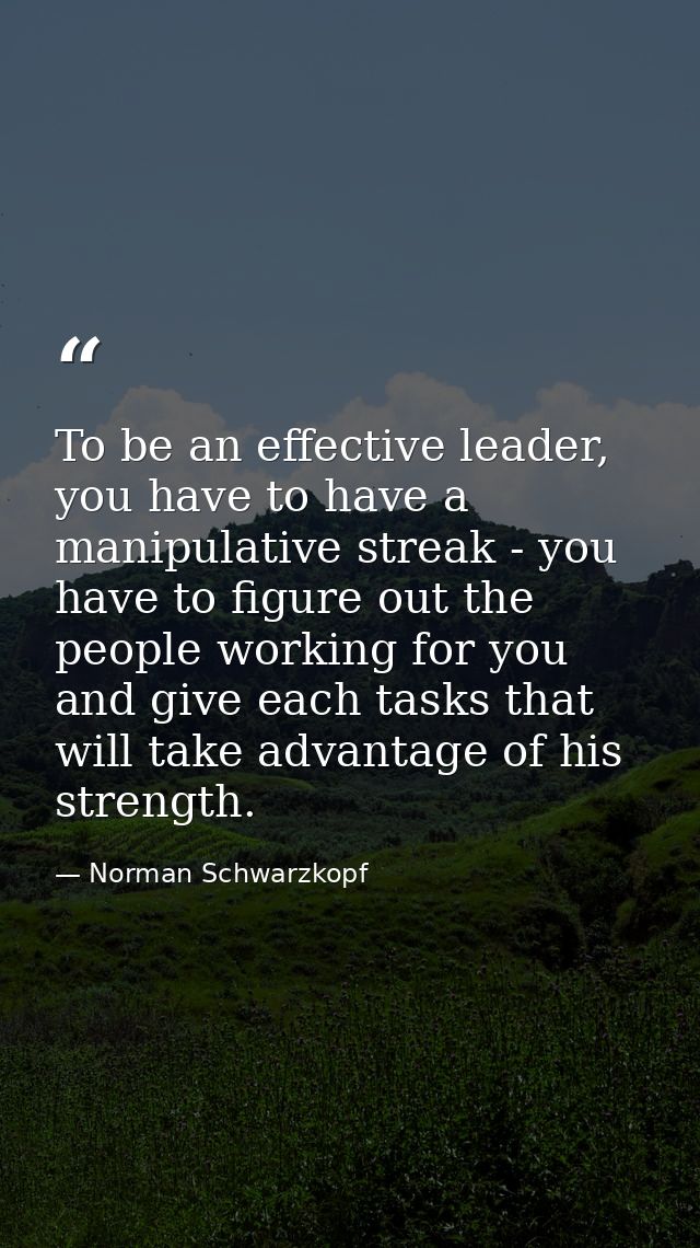 To be an effective leader, you have to have a manipulative streak - you have to figure out the people working for you an — Norman Schwarzkopf