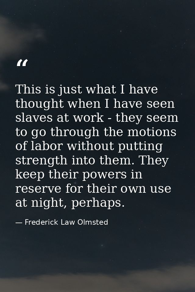 This is just what I have thought when I have seen slaves at work - they seem to go through the motions of labor without  — Frederick Law Olmsted