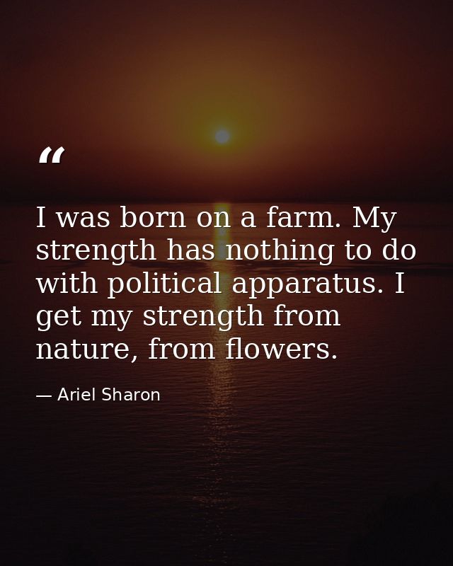 I was born on a farm. My strength has nothing to do with political apparatus. I get my strength from nature, from flower — Ariel Sharon