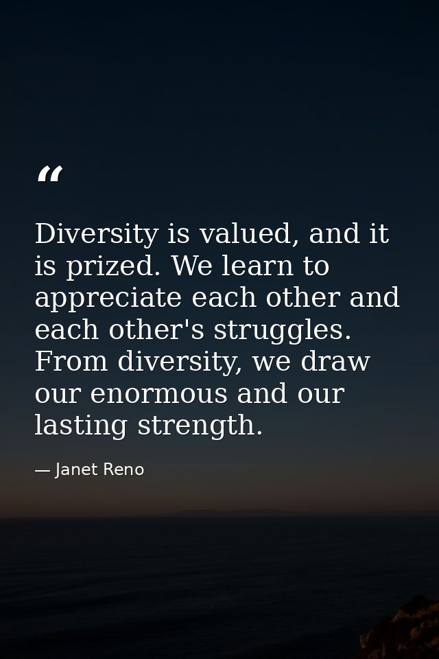 Diversity is valued, and it is prized. We learn to appreciate each other and each other's struggles. From diversity, we  — Janet Reno