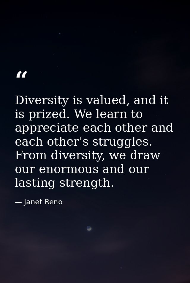 Diversity is valued, and it is prized. We learn to appreciate each other and each other's struggles. From diversity, we  — Janet Reno
