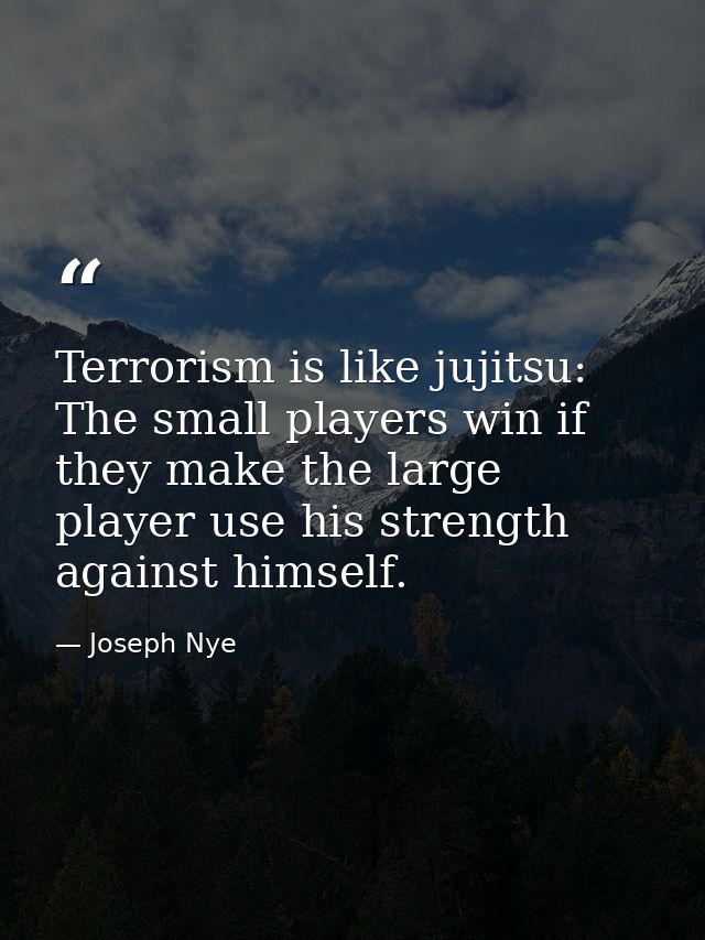 Terrorism is like jujitsu: The small players win if they make the large player use his strength against himself. — Joseph Nye