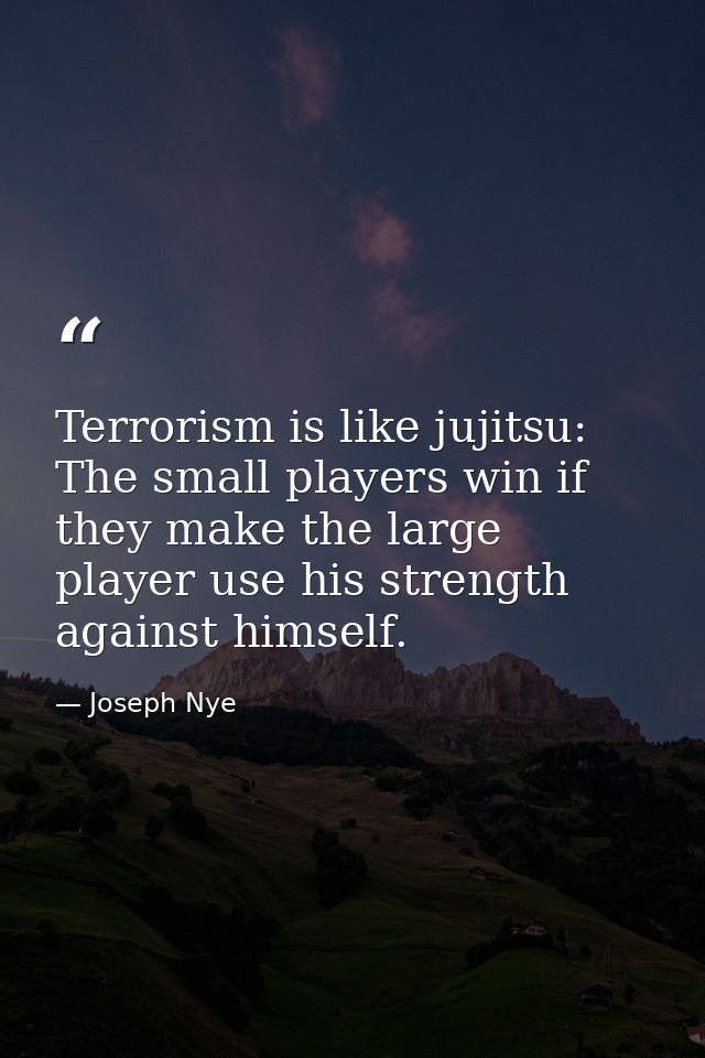 Terrorism is like jujitsu: The small players win if they make the large player use his strength against himself. — Joseph Nye