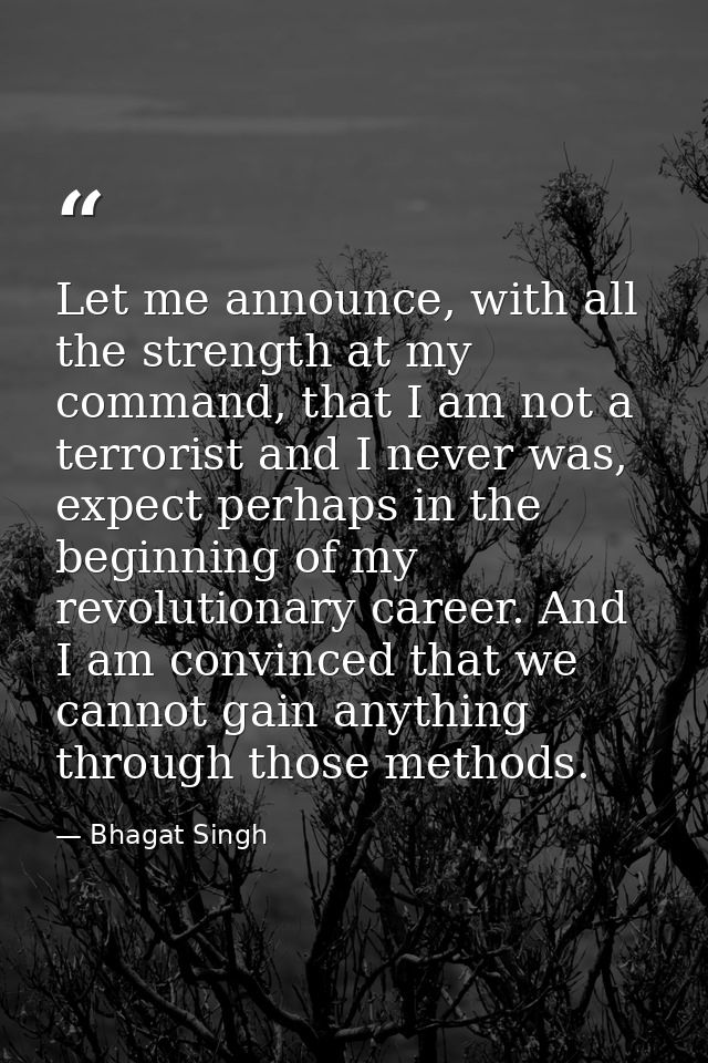 Let me announce, with all the strength at my command, that I am not a terrorist and I never was, expect perhaps in the b — Bhagat Singh